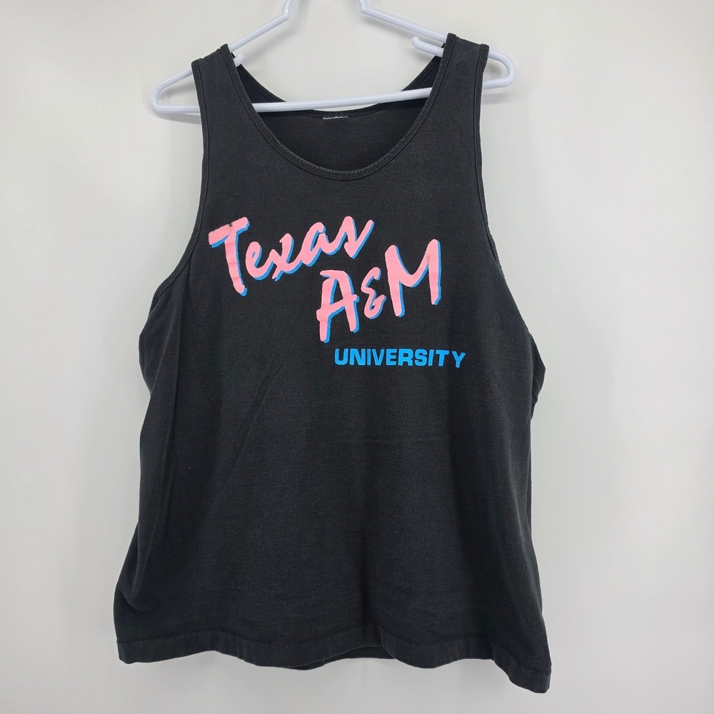 Vintage 80s Texas A&M Tank Top Mens L Black Neon Single Stitch Aggies USA